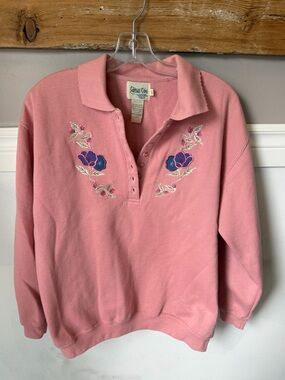 Vintage Cottage Cove Pink Floral Embroidered Quarter-Button Sweatshirt Large